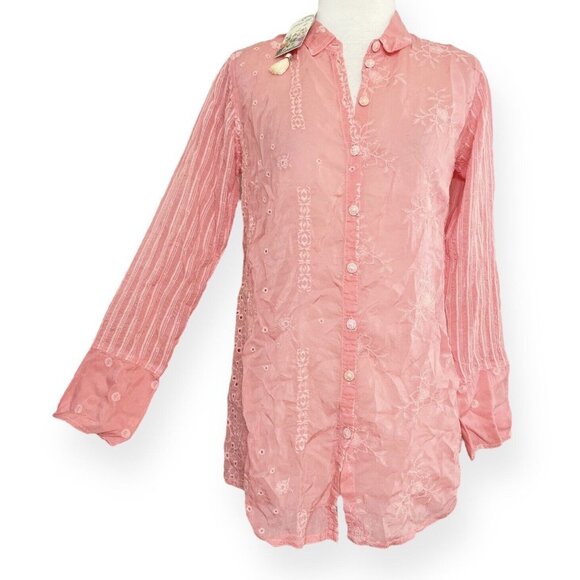 NWOT Johnny Was Nyx Embroidered Button Up Top Women's S Coral Sunset C18322-1 - Picture 1 of 11